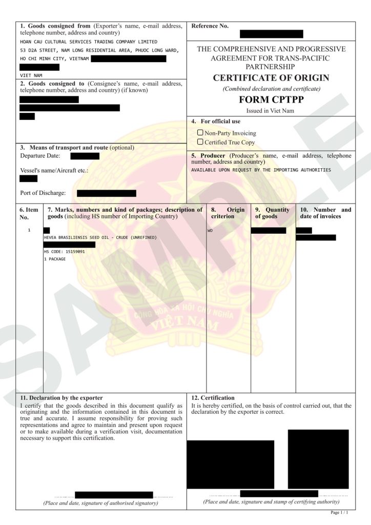 Sample Certificate of Origin (redacted)