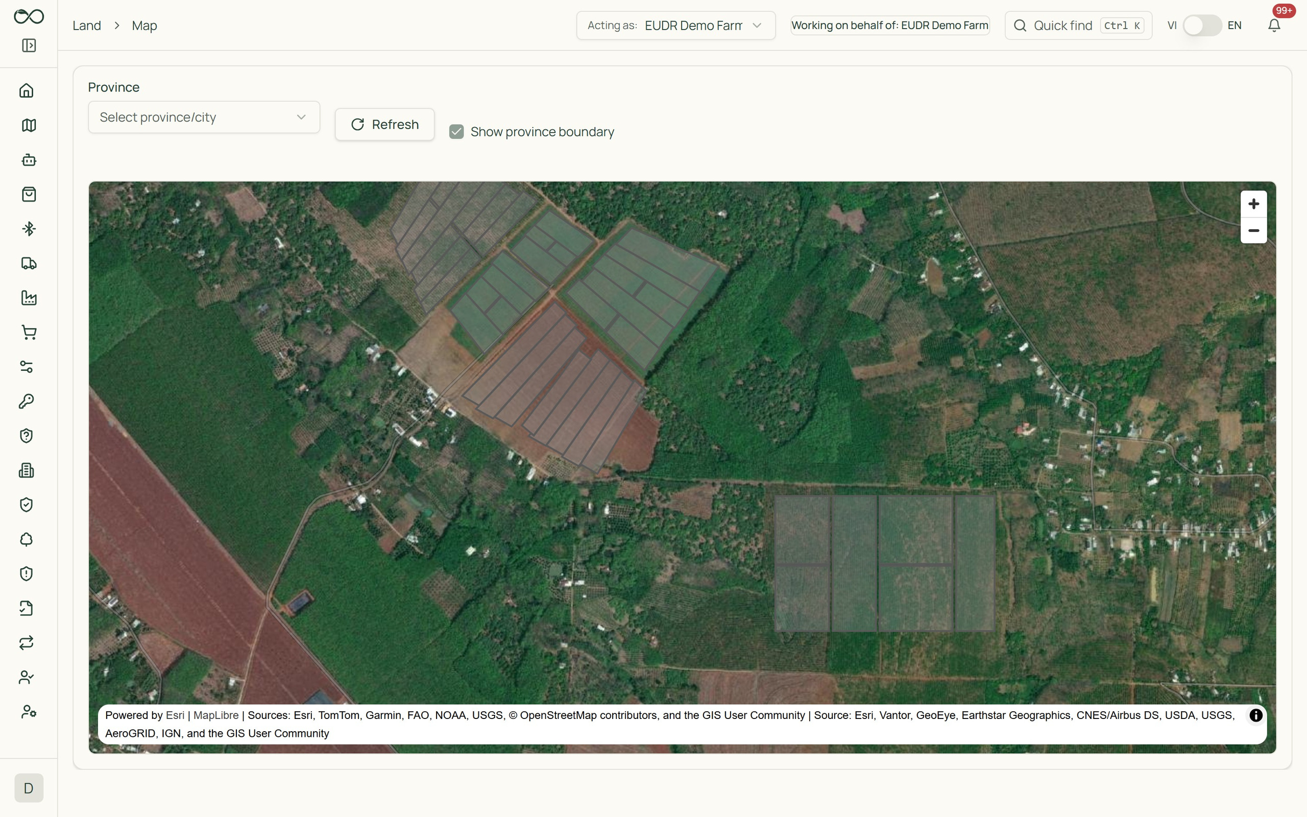 Satellite map with plot locations in Sustain Agri, illustrative screenshot, test data