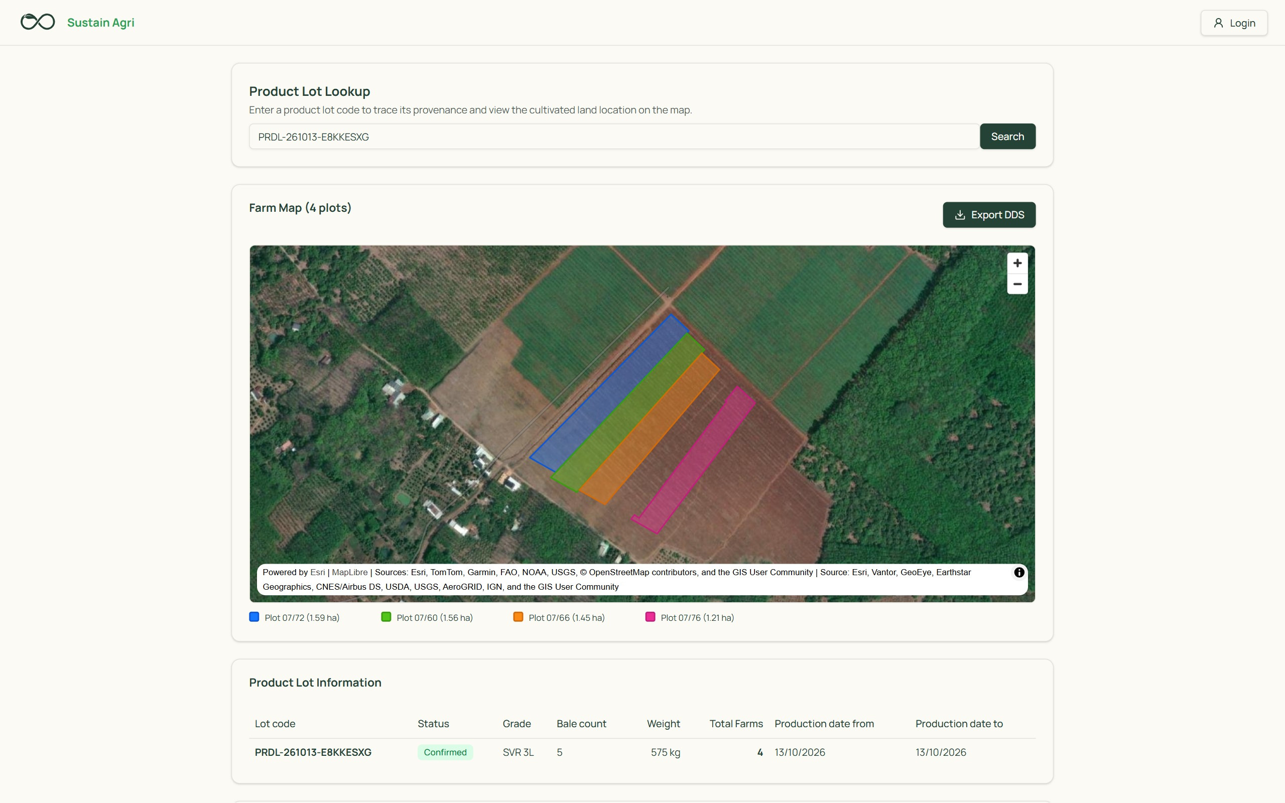 Signed-in view of a lot with the Export DDS button above the plot map.